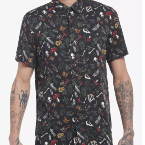 Mens Social Collision Mushroom/Bugs Print Rayon Button Up Shirt Size S - Picture 3 of 11